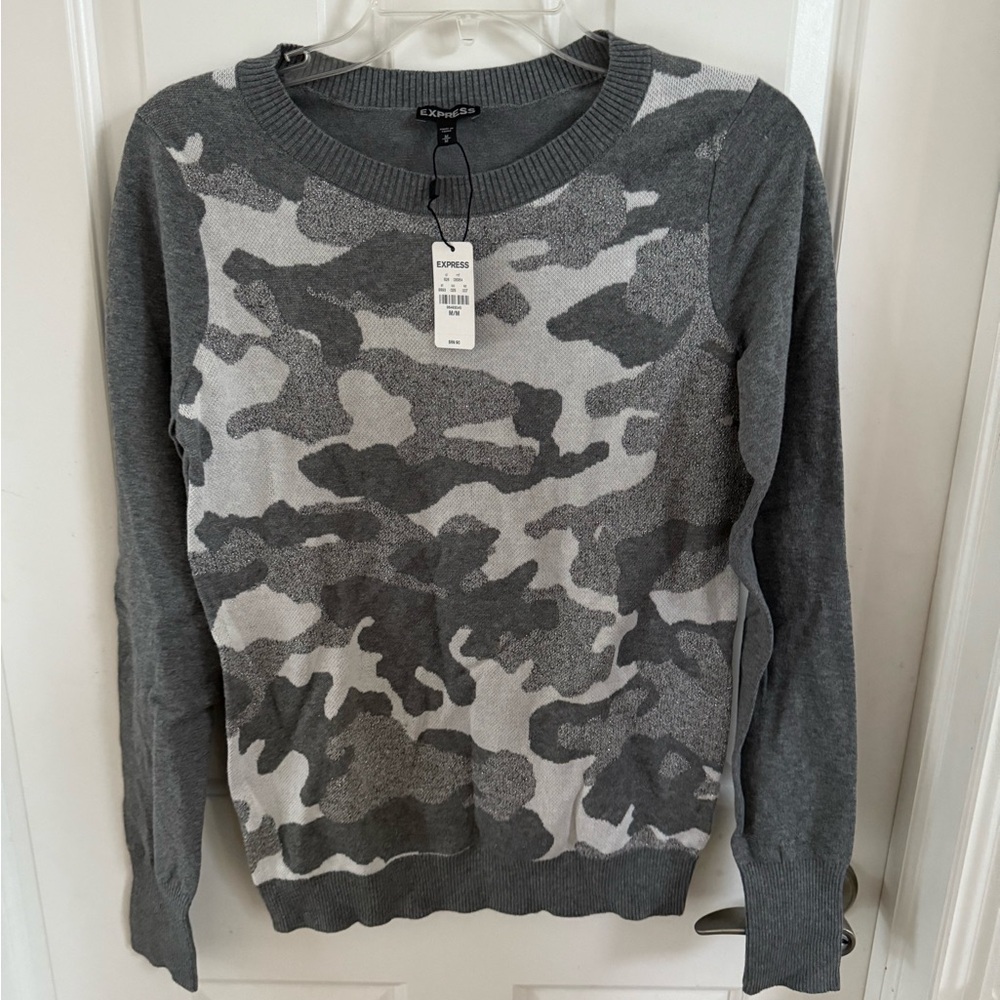 New with tags. Express Gray Camo Crew Neck Sweater